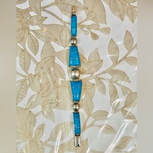 VTG Southwest Navajo? Sterling Silver Turquoise Inlaid Bracelet Sz 7.5 38 G
